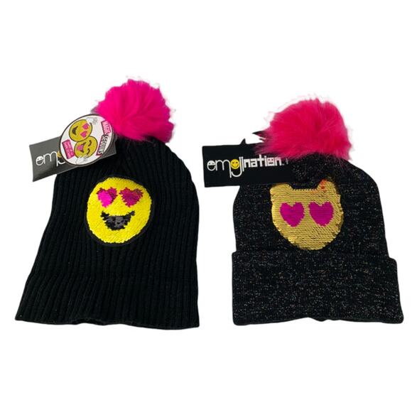 Emojination Black Reversible Sequin Beanie With Pom Pom. Set Of 2 Girls One Size - Picture 1 of 9